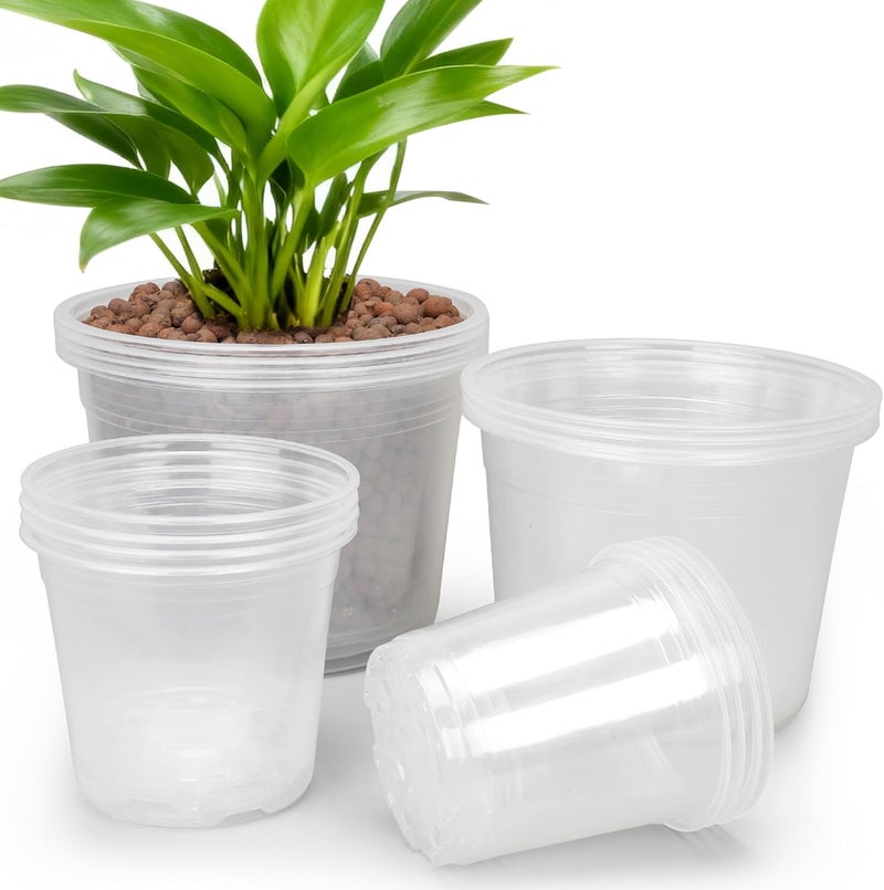 RAOOKIF 10/8/6/5 Inch Nursery Pots, 16 Pack Clear Nursery Pots with Drainage Hole for Indoor Outdoor, Plastic Clear Pots for Plants for Flowers, Succulents, Small Herbs - Image 1